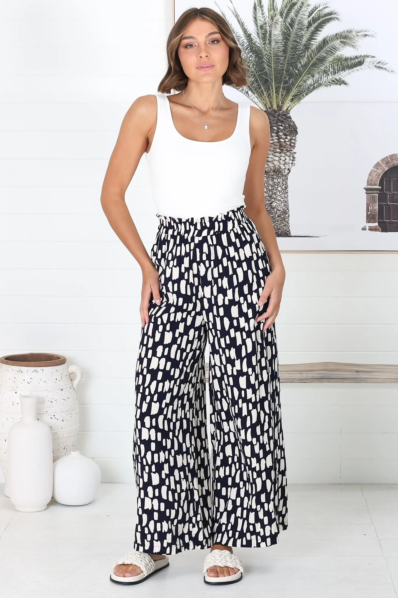 Evie Pants - High Waisted Paperbag Straight Leg Pants in Navy sold by Salty Crush
