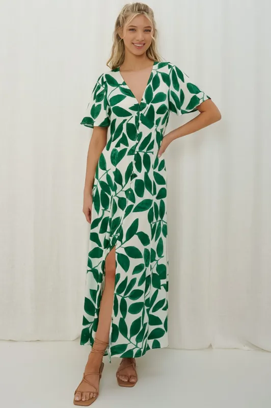 Yvette Maxi Dress - Button Through Cap Sleeve A Line Dress in Graphic Leaf Print sold by Salty Crush