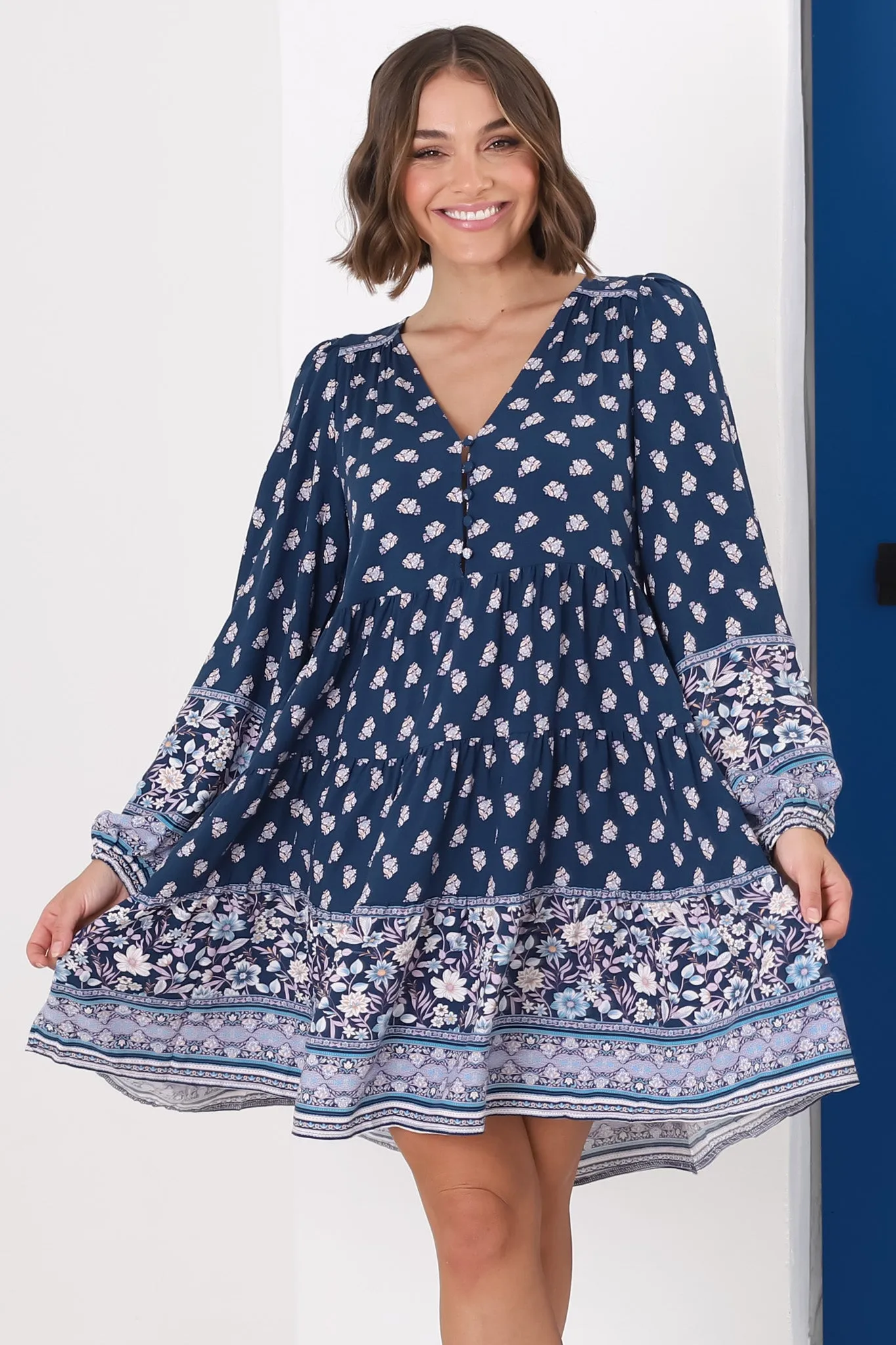 Jaynie Mini Dress - Long Balloon Sleeve Smock Dress in Linnie Print sold by Salty Crush product image thumbnail 2