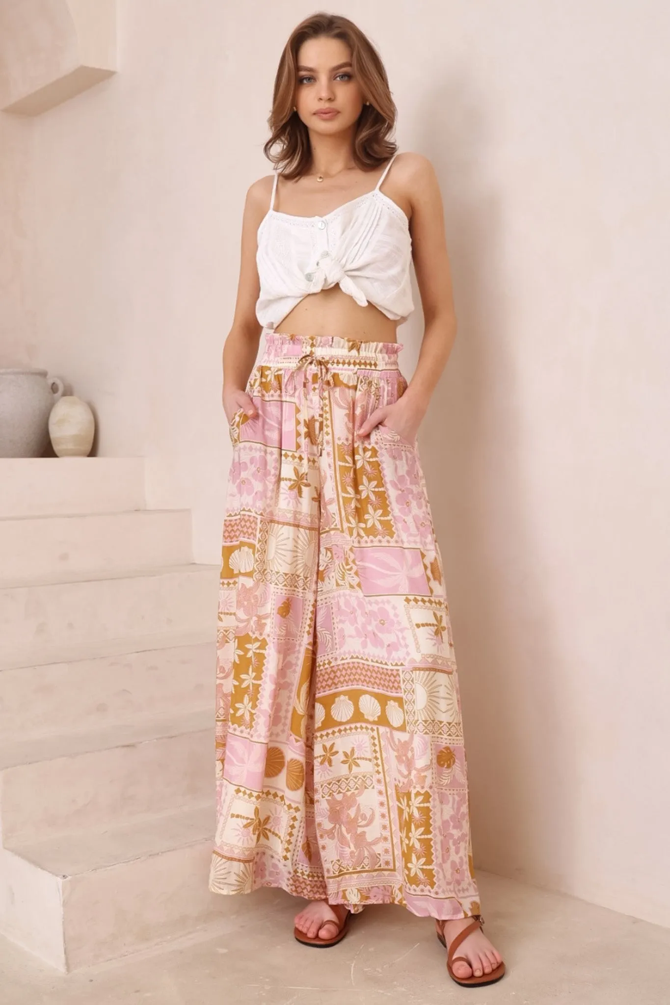 Charli Pants - Paper Bag High Waisted Wide Leg Pants in Cersi Print sold by Salty Crush