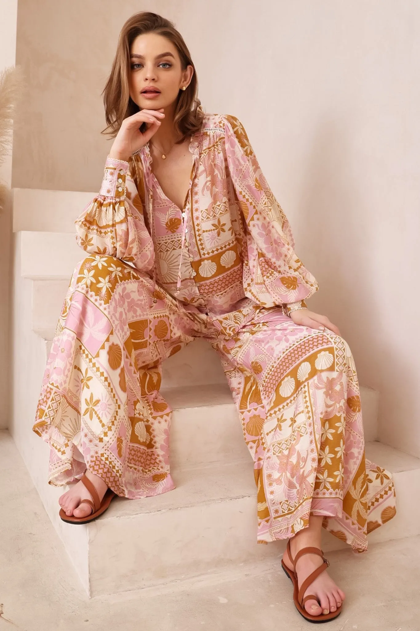 Charli Pants - Paper Bag High Waisted Wide Leg Pants in Cersi Print sold by Salty Crush product image thumbnail 2