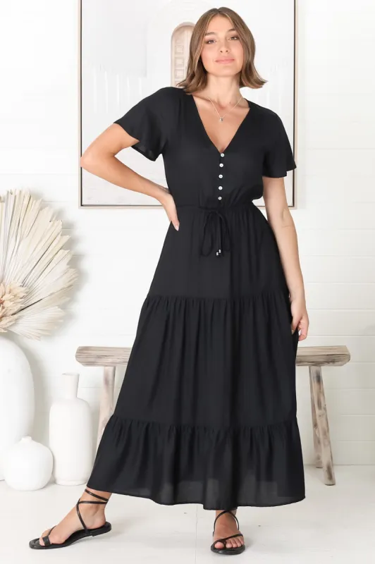 Hanna Maxi Dress - Cap Sleeve Tiered A Line Dress with Toggle Detailed Waist Tie in Black sold by Salty Crush
