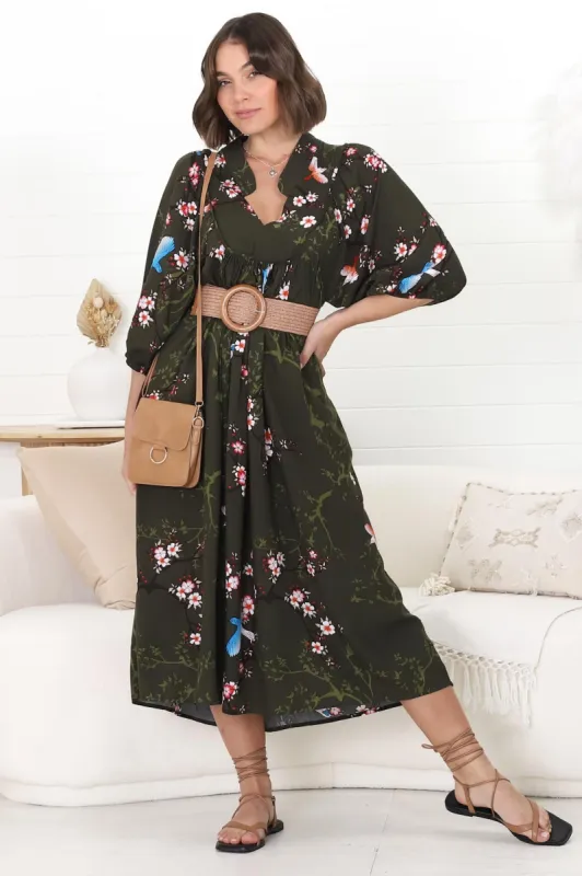 JAASE - Boheme Midi Dress: Piping Defined Bust Slimline Smock Dress In Birds Paradise Print sold by Salty Crush