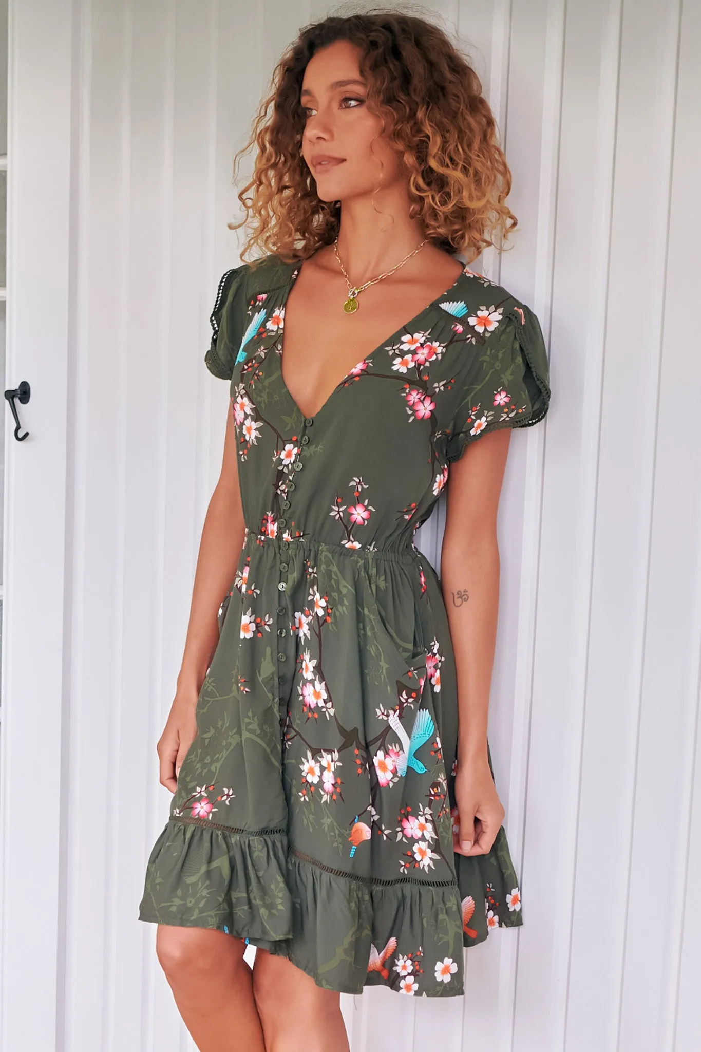 Lizzie Mini Dress - Butterfly Cap Sleeve Button Down Dress with Pockets in Birds Paradise Print sold by Salty Crush product image thumbnail 5