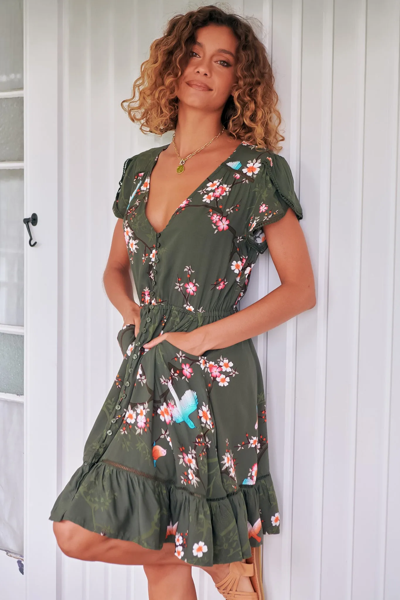 Lizzie Mini Dress - Butterfly Cap Sleeve Button Down Dress with Pockets in Birds Paradise Print sold by Salty Crush product image thumbnail 3