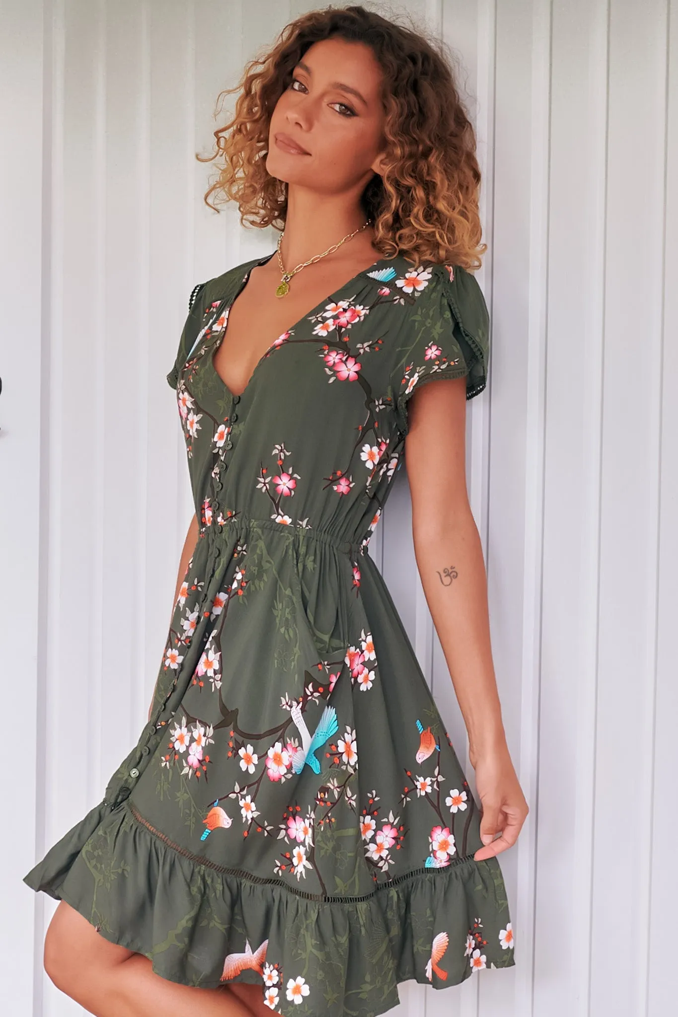 Lizzie Mini Dress - Butterfly Cap Sleeve Button Down Dress with Pockets in Birds Paradise Print sold by Salty Crush product image thumbnail 4