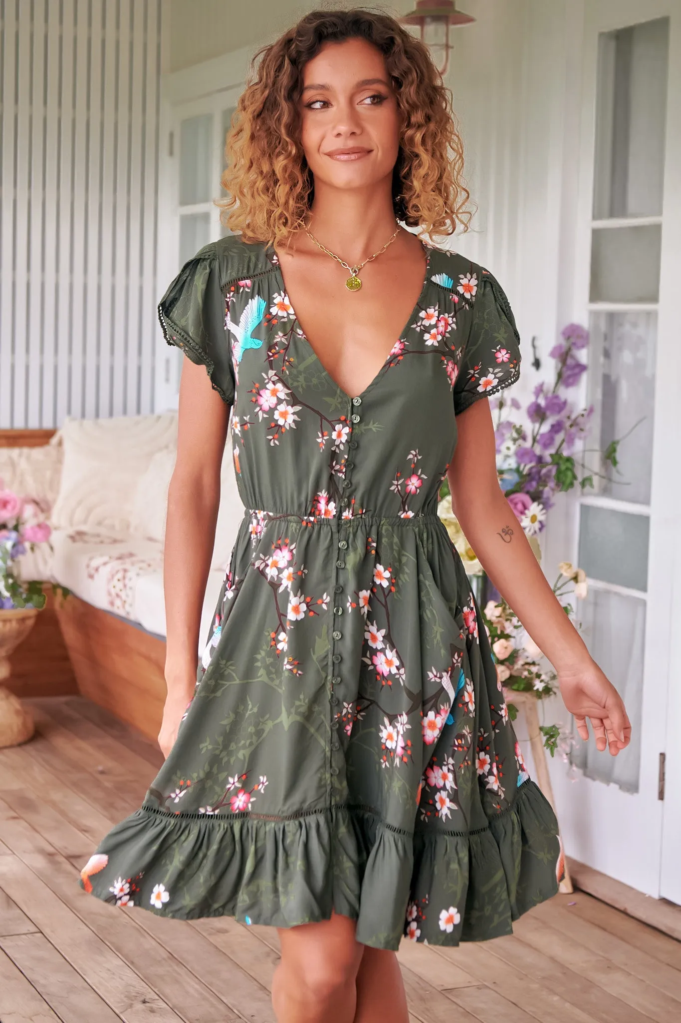 Lizzie Mini Dress - Butterfly Cap Sleeve Button Down Dress with Pockets in Birds Paradise Print sold by Salty Crush product image thumbnail 2