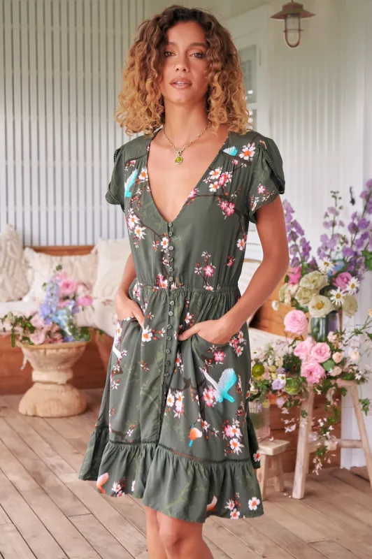 Lizzie Mini Dress - Butterfly Cap Sleeve Button Down Dress with Pockets in Birds Paradise Print sold by Salty Crush
