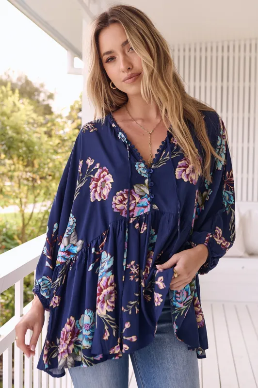 JAASE - Chloe Top: Very Oversized Crochet Trim Neckline Smock Top in Botanica Print sold by Salty Crush