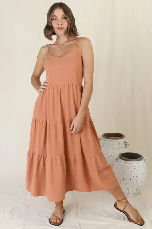 Arlowe Midi Dress - Soft V Neckline Tiered Linen Sun Dress in Rust sold by Salty Crush