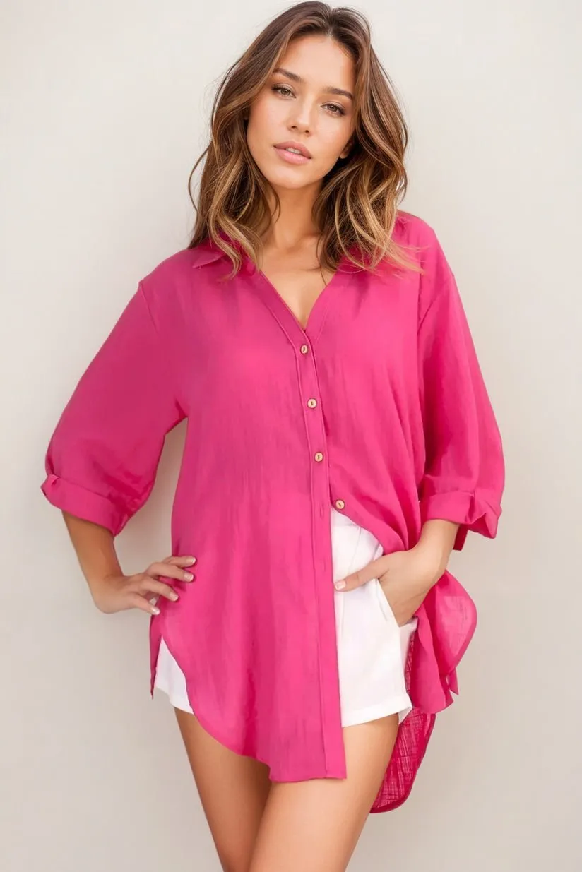 Beachly Shirt - Folded Collar Button Down Relaxed Shirt In Hot Pink sold by Salty Crush