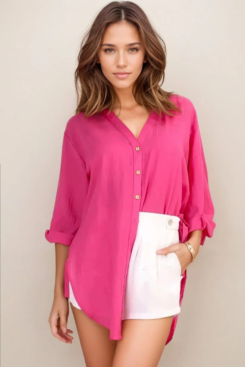Beachly Shirt - Folded Collar Button Down Relaxed Shirt In Hot Pink sold by Salty Crush product image thumbnail 2