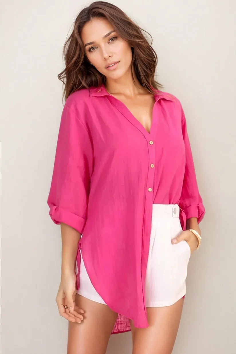 Beachly Shirt - Folded Collar Button Down Relaxed Shirt In Hot Pink sold by Salty Crush product image thumbnail 5