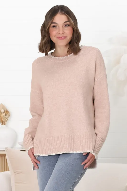 Kindra Jumper - Crew Neck Pull Over with Contrast Stitching in Pink Marle sold by Salty Crush