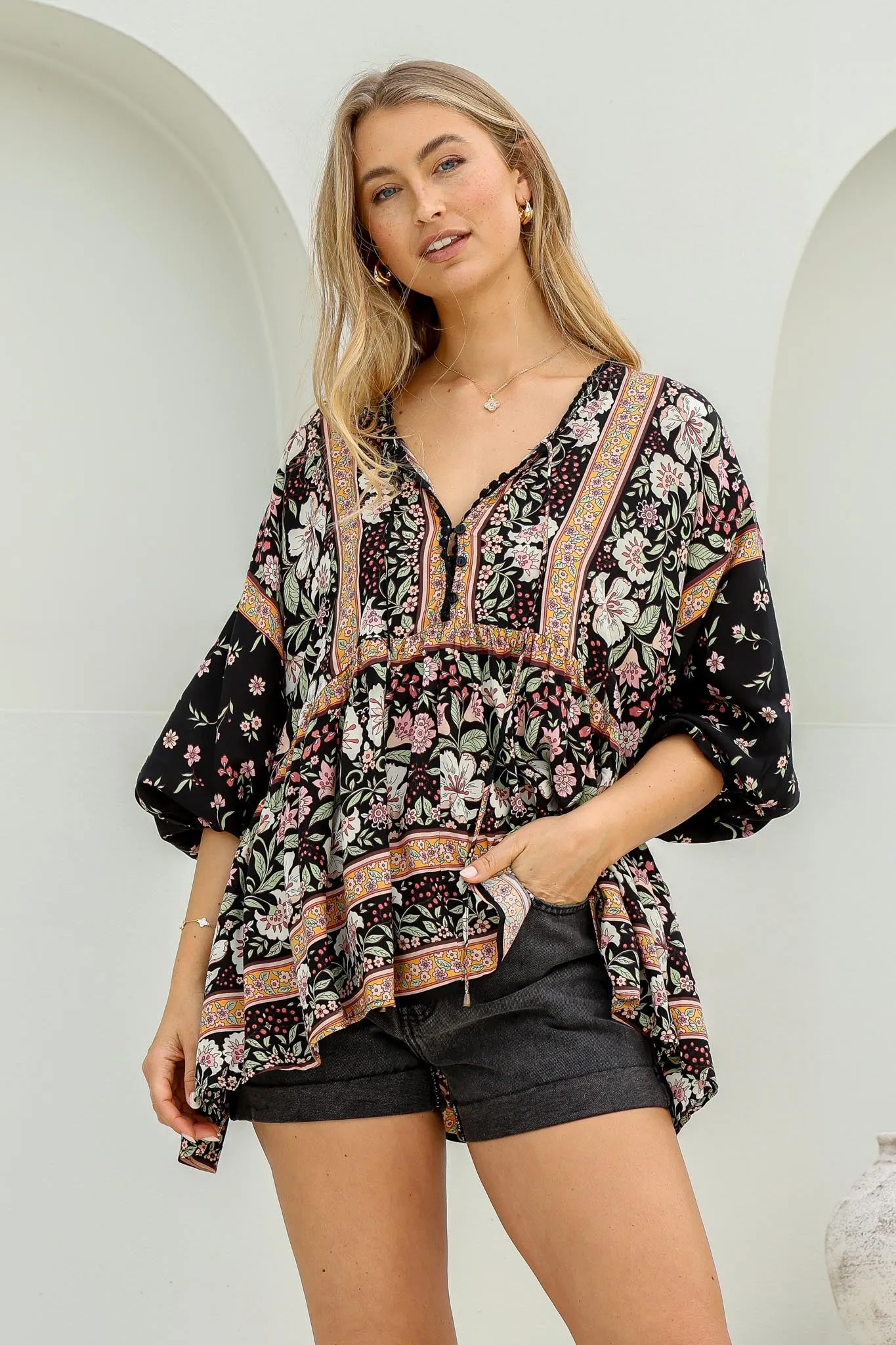 Chloe Top - Very Oversized Crochet Trim Neckline Smock Top in Eternity Print sold by Salty Crush