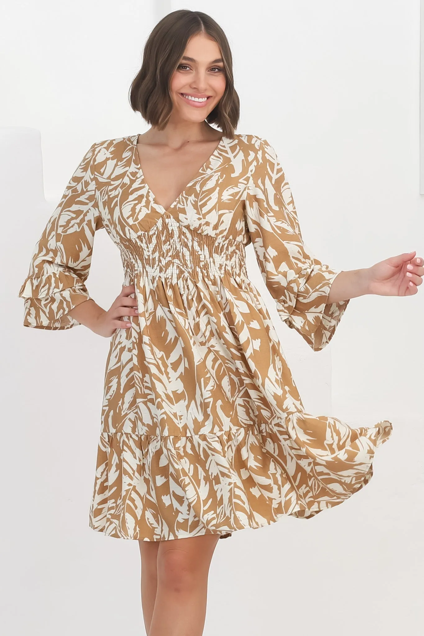 Sami Mini Dress - Tiered Dress with Flute Sleeves in Siani Beige sold by Salty Crush product image thumbnail 5
