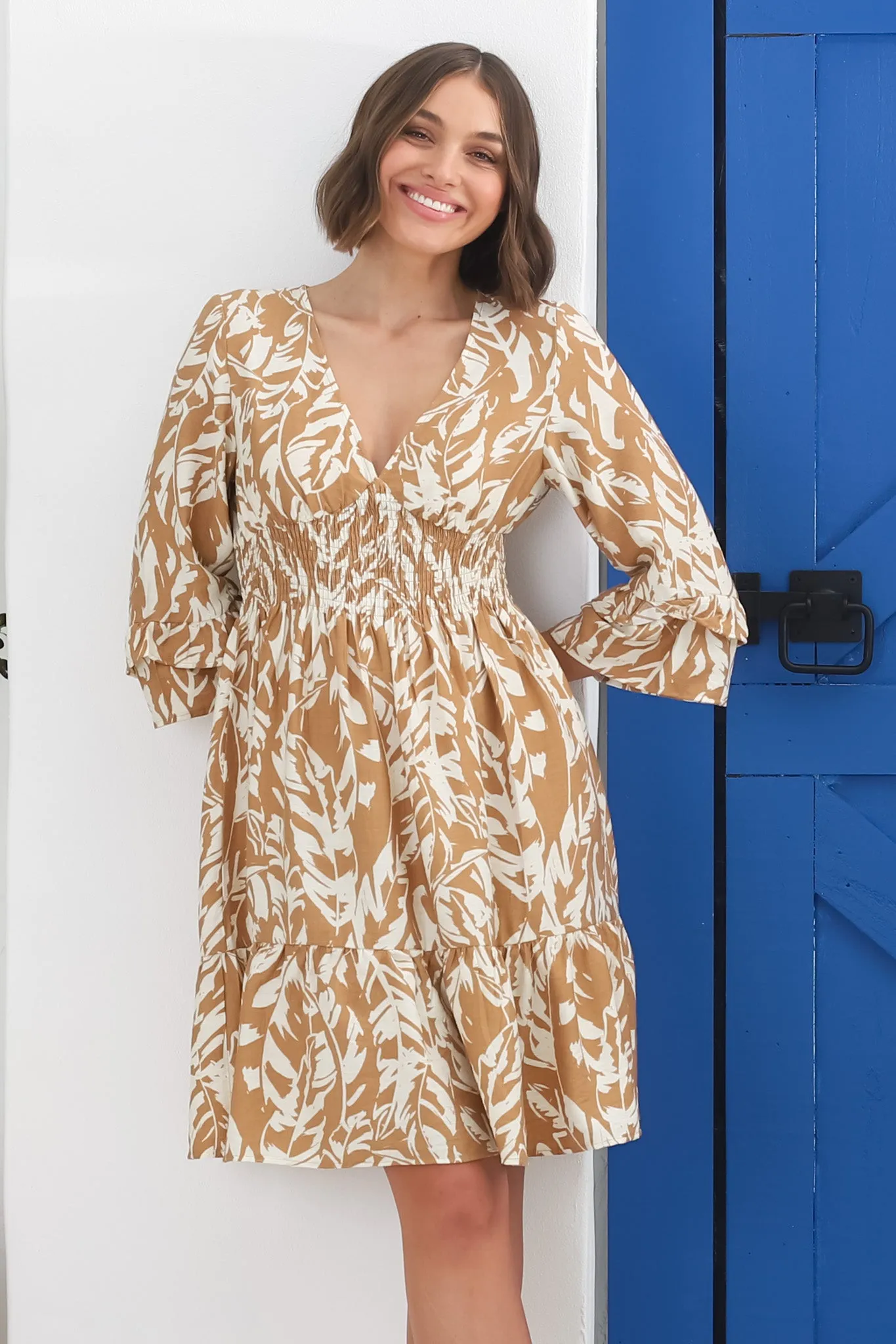 Sami Mini Dress - Tiered Dress with Flute Sleeves in Siani Beige sold by Salty Crush product image thumbnail 2