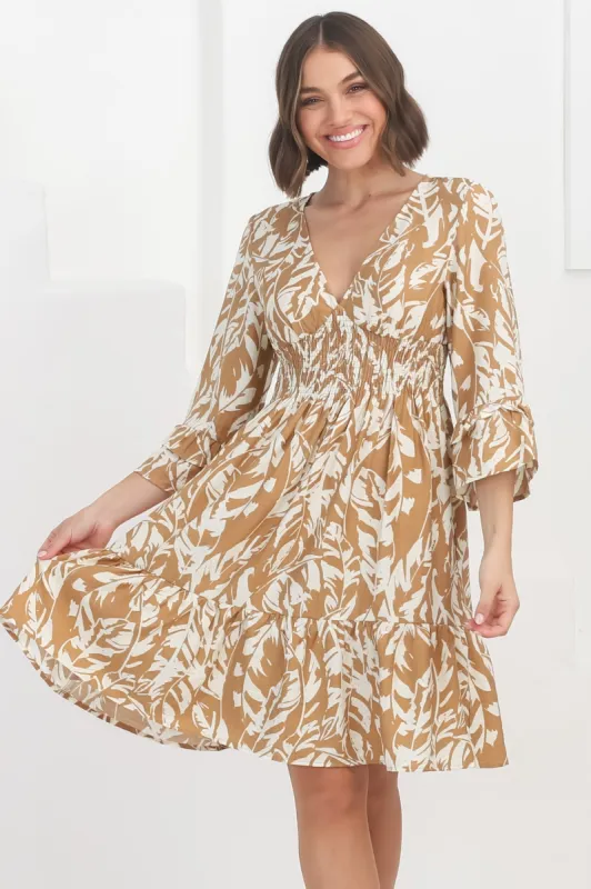Sami Mini Dress - Tiered Dress with Flute Sleeves in Siani Beige sold by Salty Crush