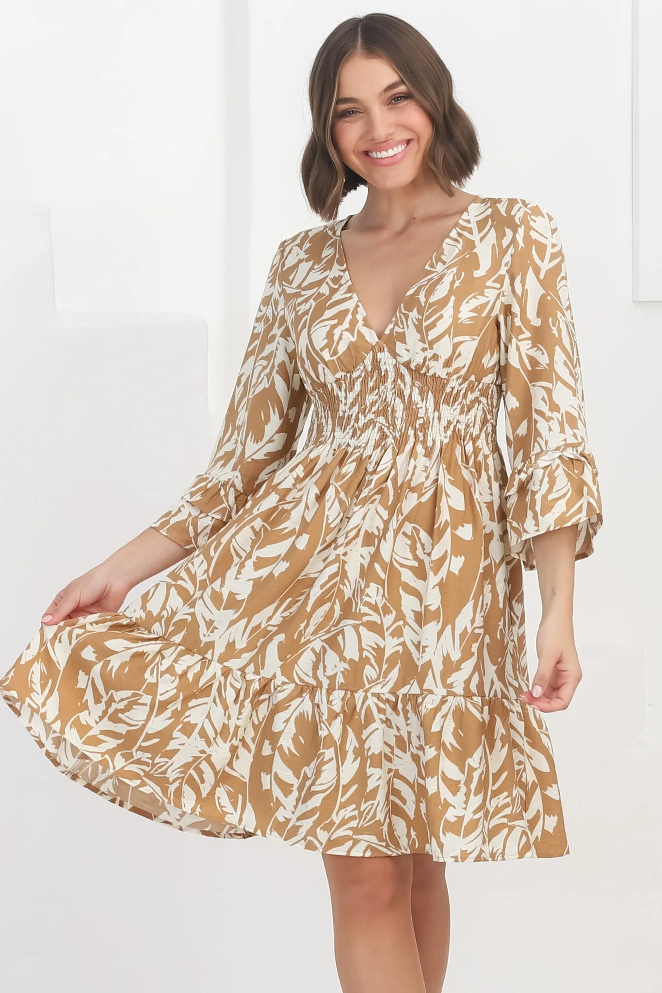 Sami Mini Dress - Tiered Dress with Flute Sleeves in Siani Beige sold by Salty Crush