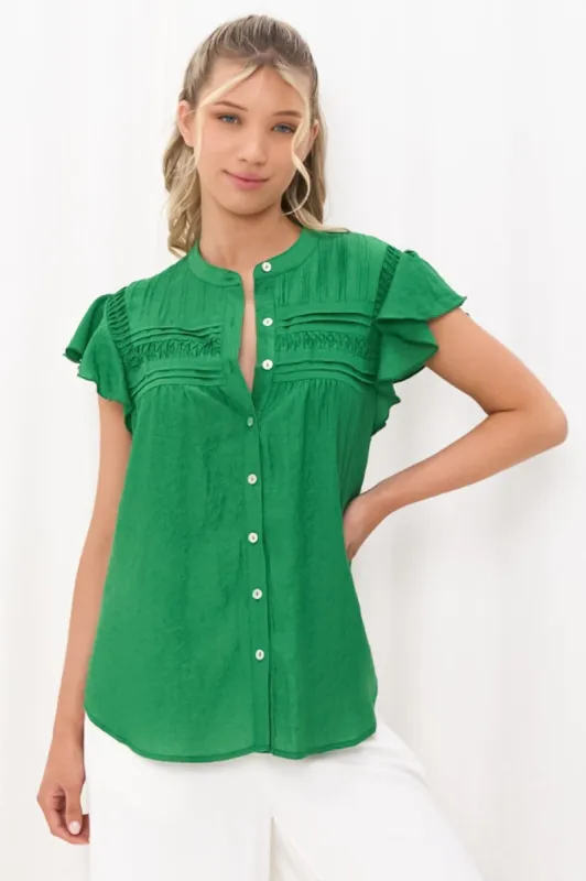 Helen Blouse - Ruffle Cap Sleeve Button Down Shirt in Green sold by Salty Crush