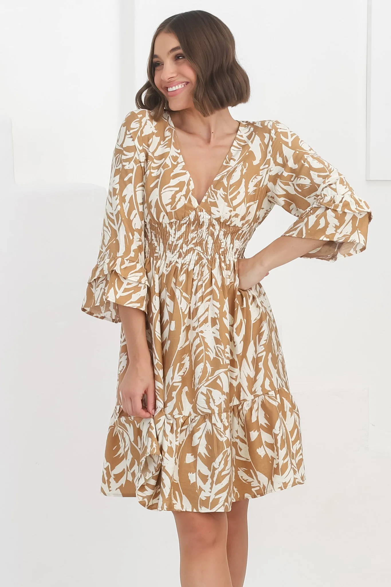 Sami Mini Dress - Tiered Dress with Flute Sleeves in Siani Beige sold by Salty Crush product image thumbnail 3