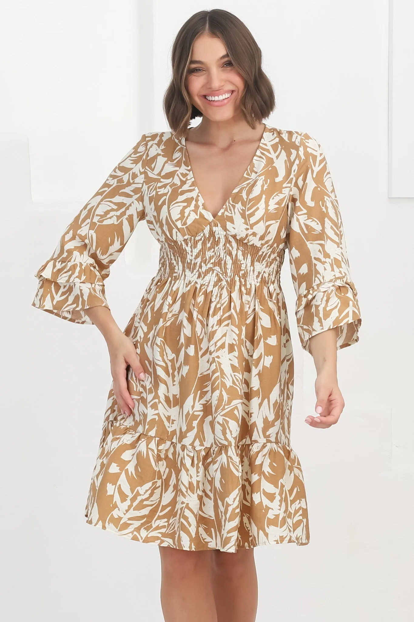 Sami Mini Dress - Tiered Dress with Flute Sleeves in Siani Beige sold by Salty Crush product image thumbnail 4