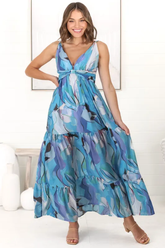 Sabina Maxi Dress - Twist Straps with Gold Bauble Detail Tiered Dress in Blue sold by Salty Crush
