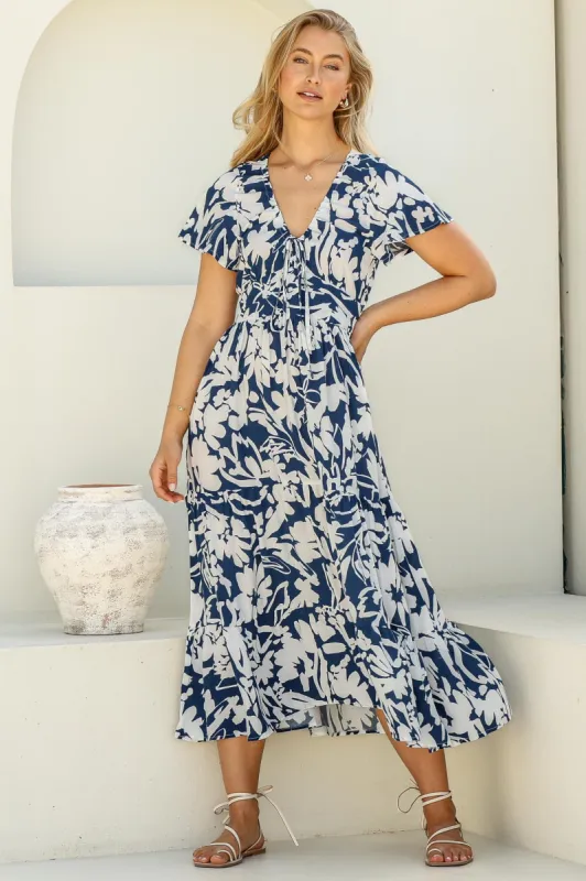 Tea Midi Dress - Pull In V Neckline Dress with Cap Sleeves in Charis Print Blue sold by Salty Crush