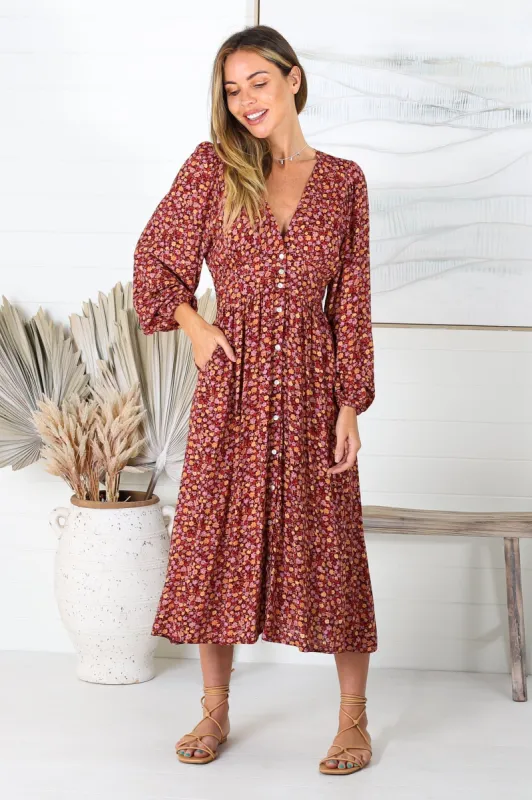 Rosina Midi Dress - A Line Button Down Tiered Dress In Floral Print sold by Salty Crush