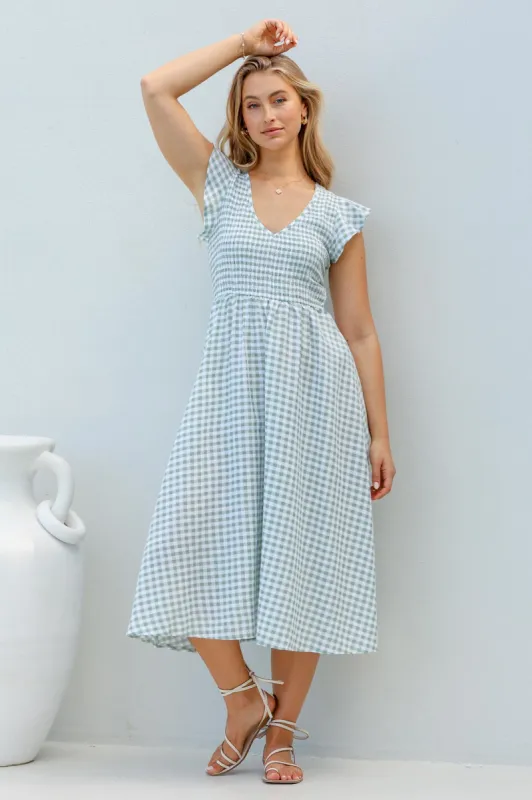 Mistee Midi Dress - Flutter Cap Sleeve Elasticated Bodice A Line Dress in Gingham Print Green sold by Salty Crush
