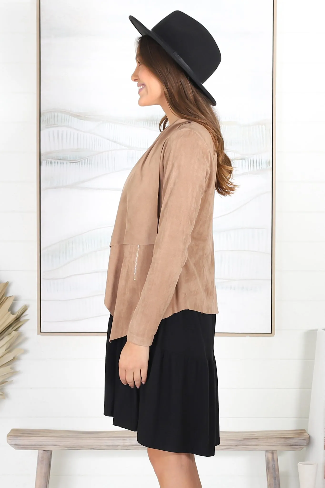 Avo Jacket - Lapel Waterfall Faux Suede Jacket in Camel sold by Salty Crush product image thumbnail 5