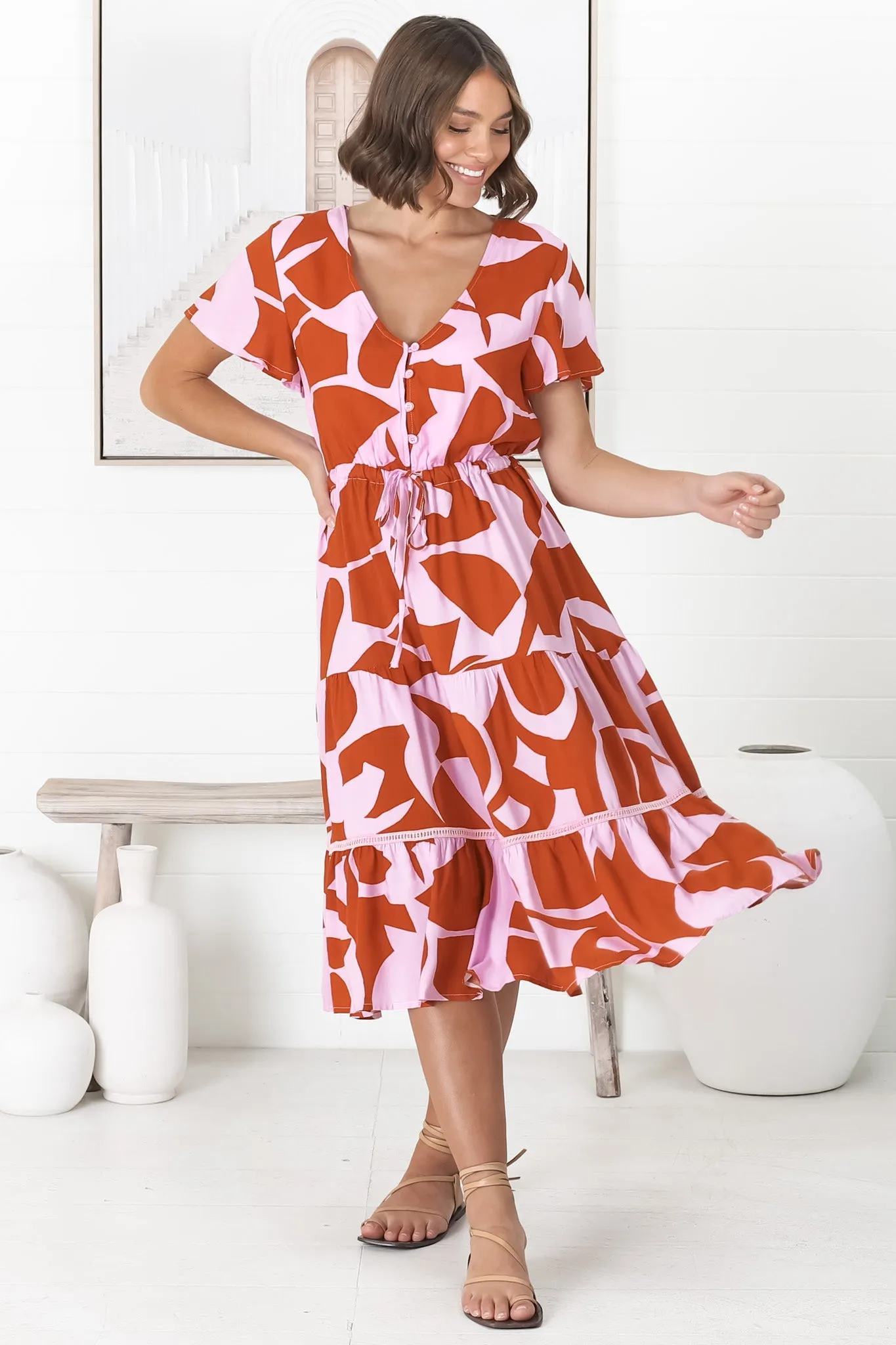 Rori Midi Dress - Buttoned Bodice Tiered Dress with Crochet Splicing in Azira Print Lilac sold by Salty Crush product image thumbnail 5