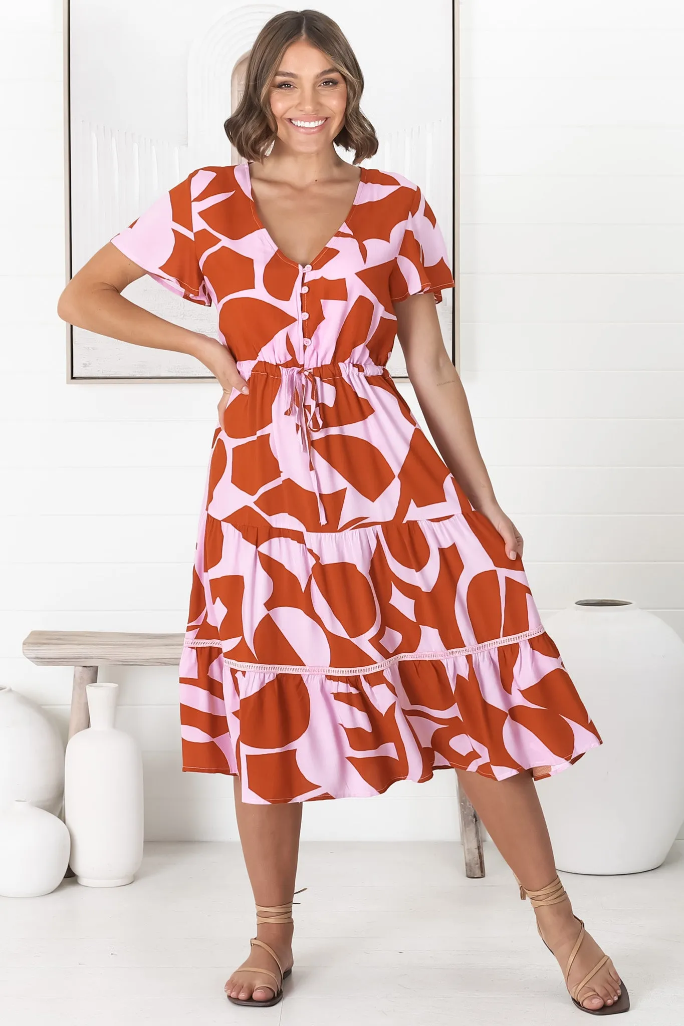 Rori Midi Dress - Buttoned Bodice Tiered Dress with Crochet Splicing in Azira Print Lilac sold by Salty Crush product image thumbnail 2