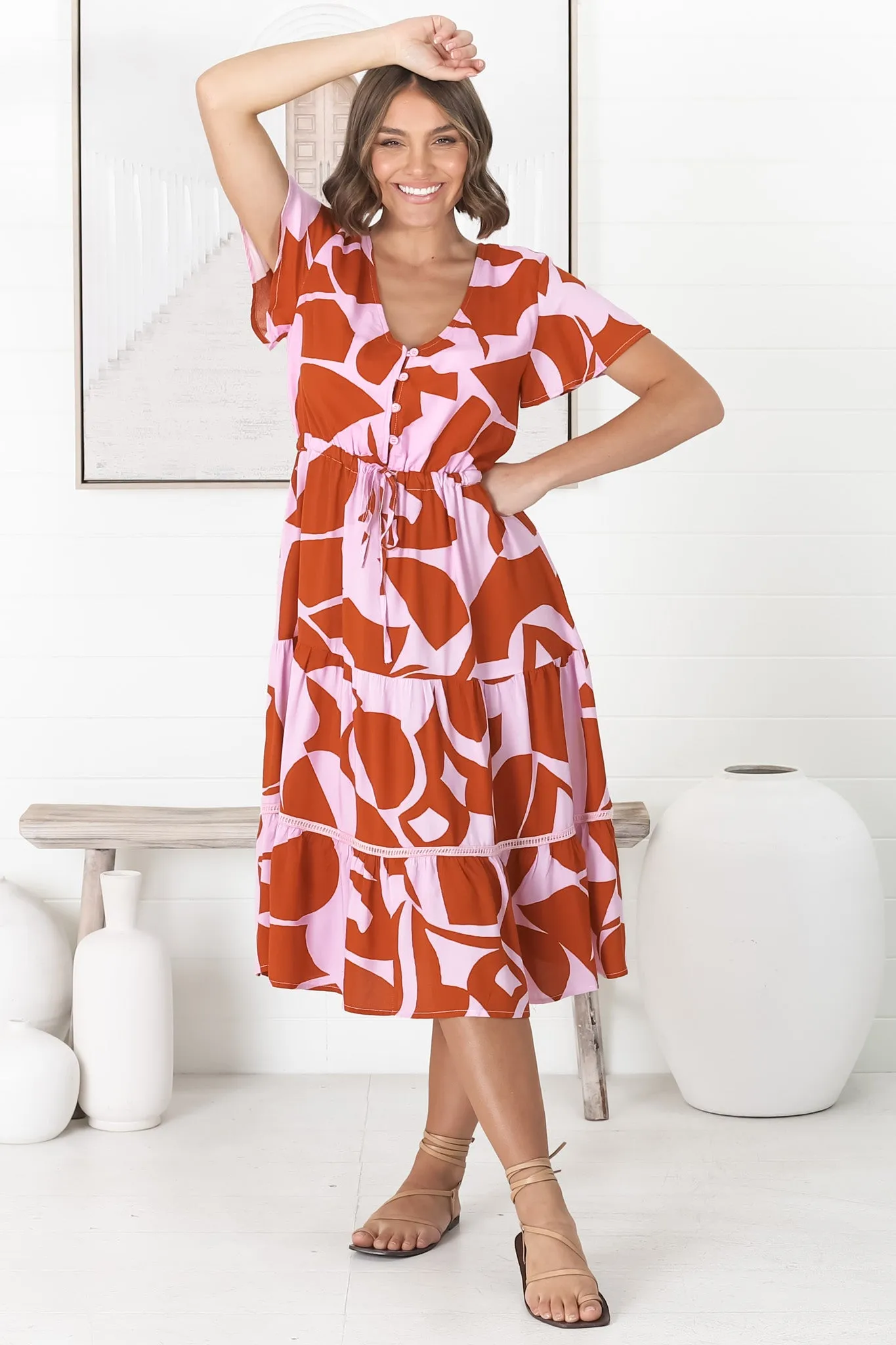 Rori Midi Dress - Buttoned Bodice Tiered Dress with Crochet Splicing in Azira Print Lilac sold by Salty Crush product image thumbnail 3