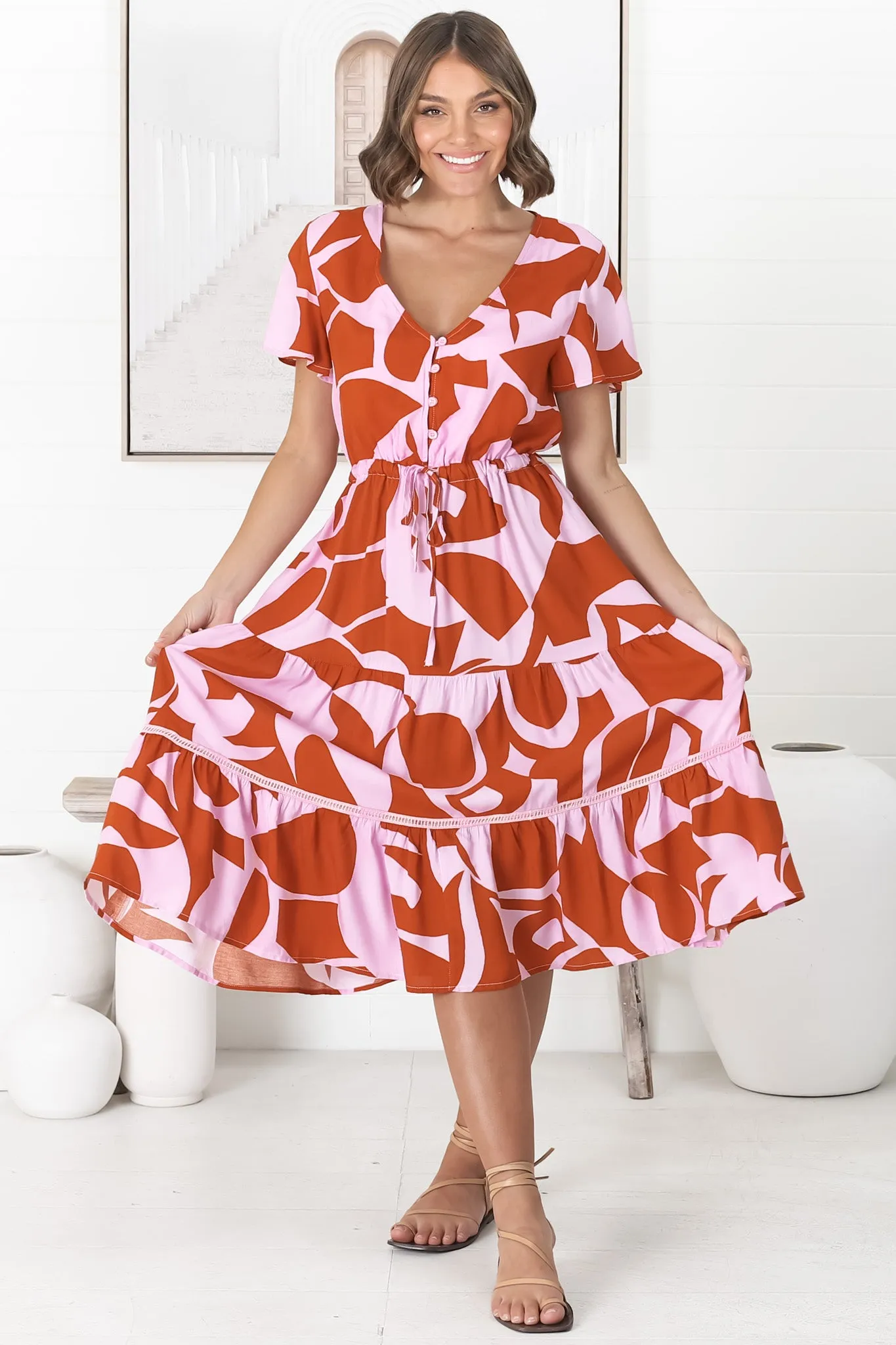 Rori Midi Dress - Buttoned Bodice Tiered Dress with Crochet Splicing in Azira Print Lilac sold by Salty Crush product image thumbnail 4