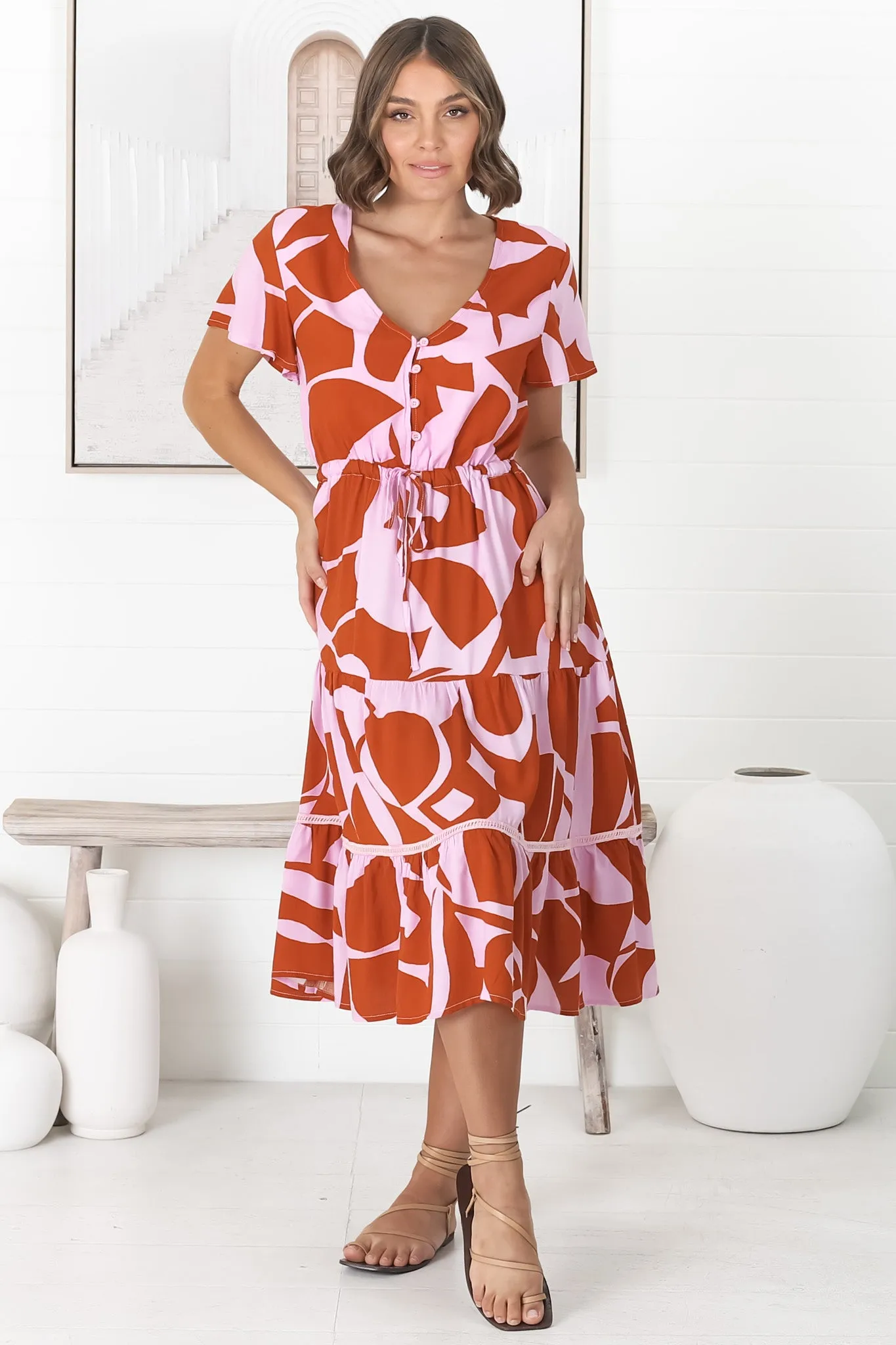 Rori Midi Dress - Buttoned Bodice Tiered Dress with Crochet Splicing in Azira Print Lilac sold by Salty Crush