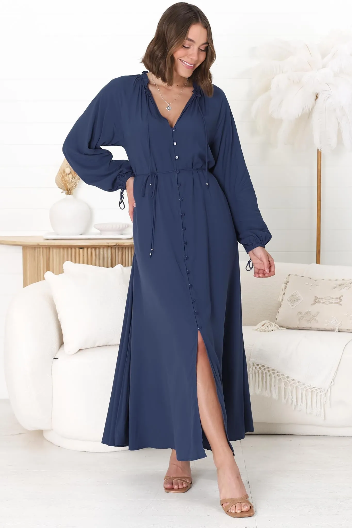 Amelie Maxi Dress - Frill Collar Button Through Dress with Waist Tie in Blue sold by Salty Crush product image thumbnail 3