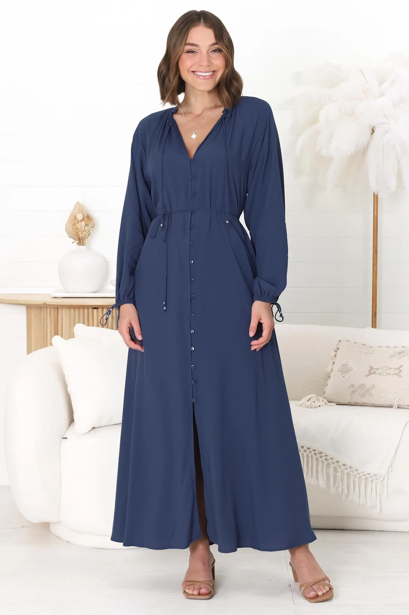 Amelie Maxi Dress - Frill Collar Button Through Dress with Waist Tie in Blue sold by Salty Crush product image thumbnail 5