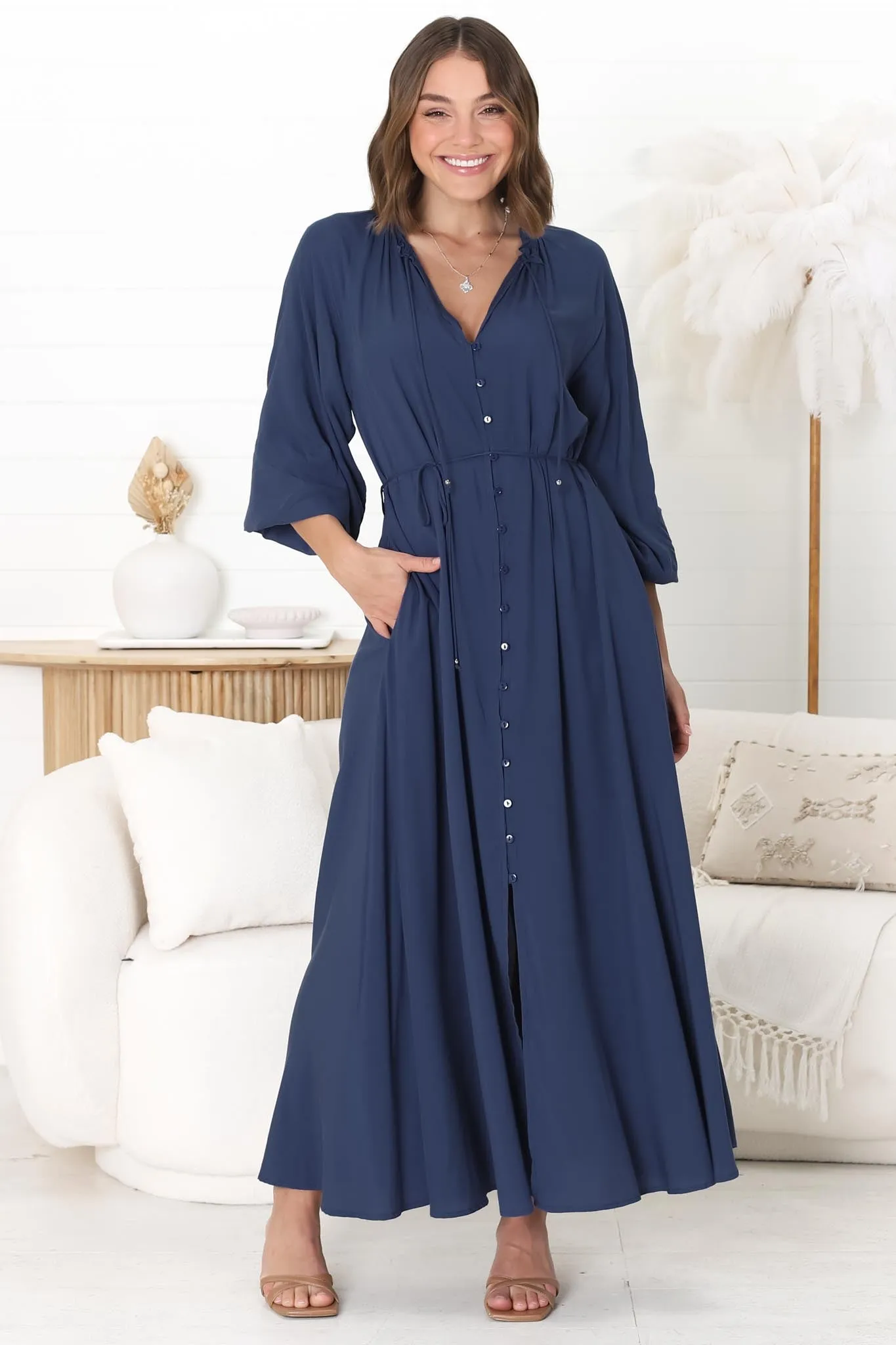 Amelie Maxi Dress - Frill Collar Button Through Dress with Waist Tie in Blue sold by Salty Crush