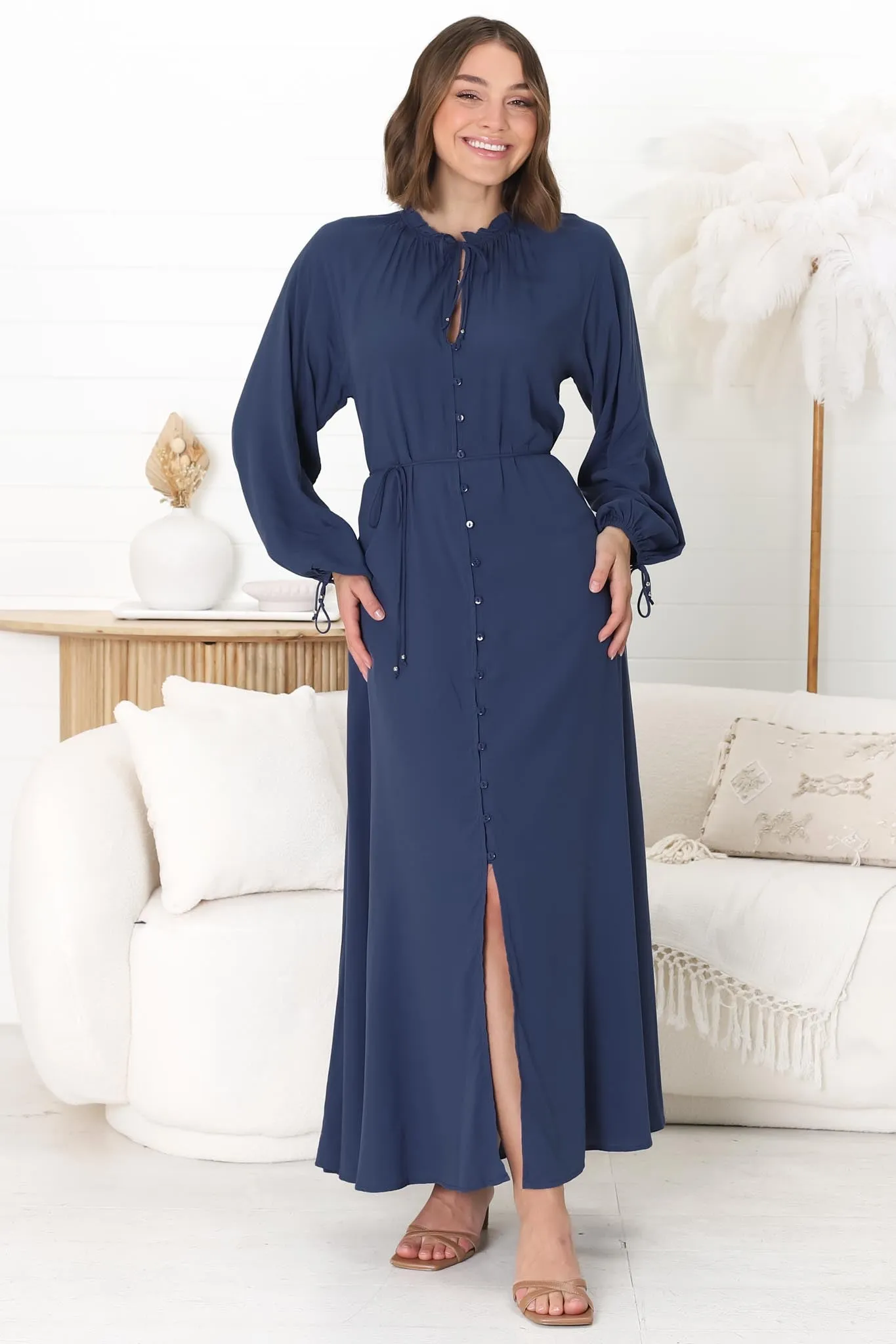Amelie Maxi Dress - Frill Collar Button Through Dress with Waist Tie in Blue sold by Salty Crush product image thumbnail 4