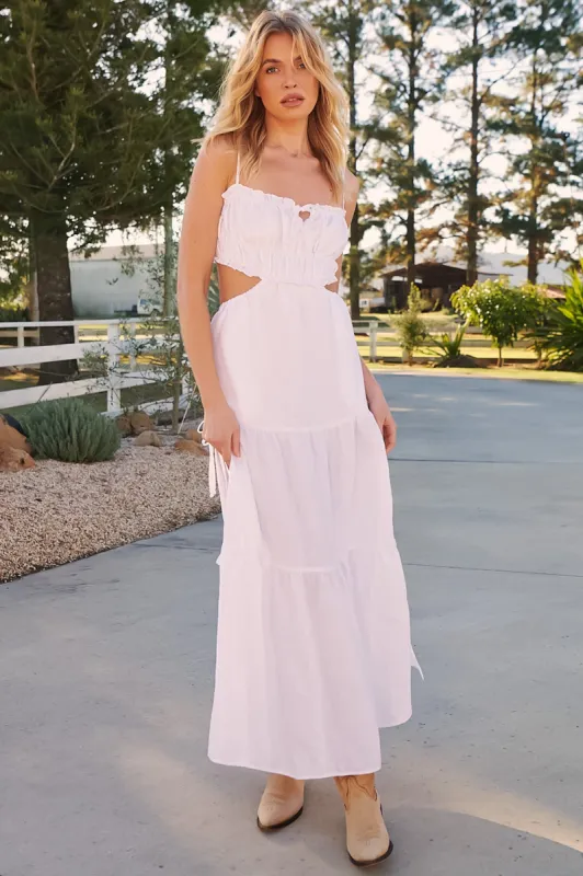JAASE - Koda Maxi Dress: Cut Out Tiered Dress with Spaghetti Straps in White sold by Salty Crush