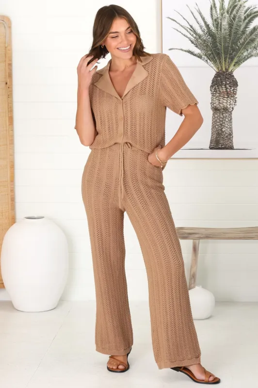 Bondi Knitted Pants - Crochet Knit Lined Straight Leg Pants in Caramel sold by Salty Crush