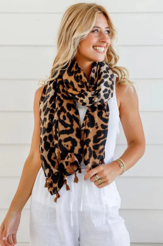 Reta Scarf - Animal Print Scarf in Tan sold by Salty Crush