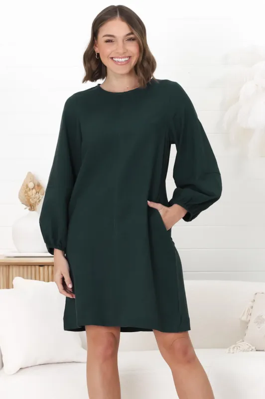 Ivanna Mini Dress - Crew Neck Shift Dress with Balloon Sleeves in Emerald made by Salty Crush