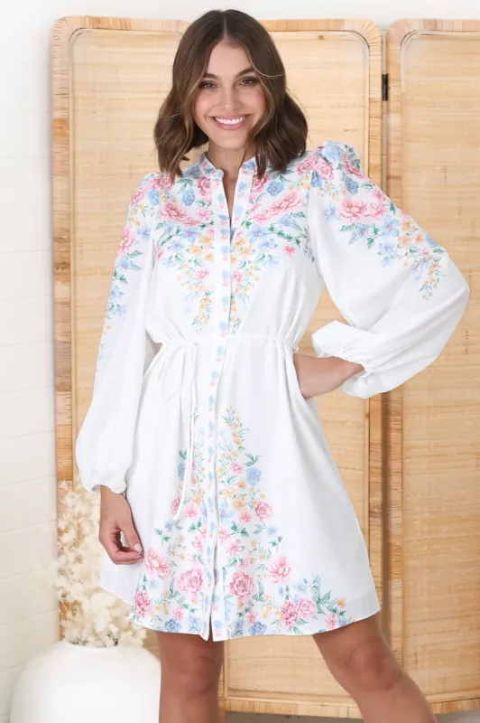 Danny Mini Dress - Mandarin Collar Buttoned Down Dress in Flora Print sold by Salty Crush