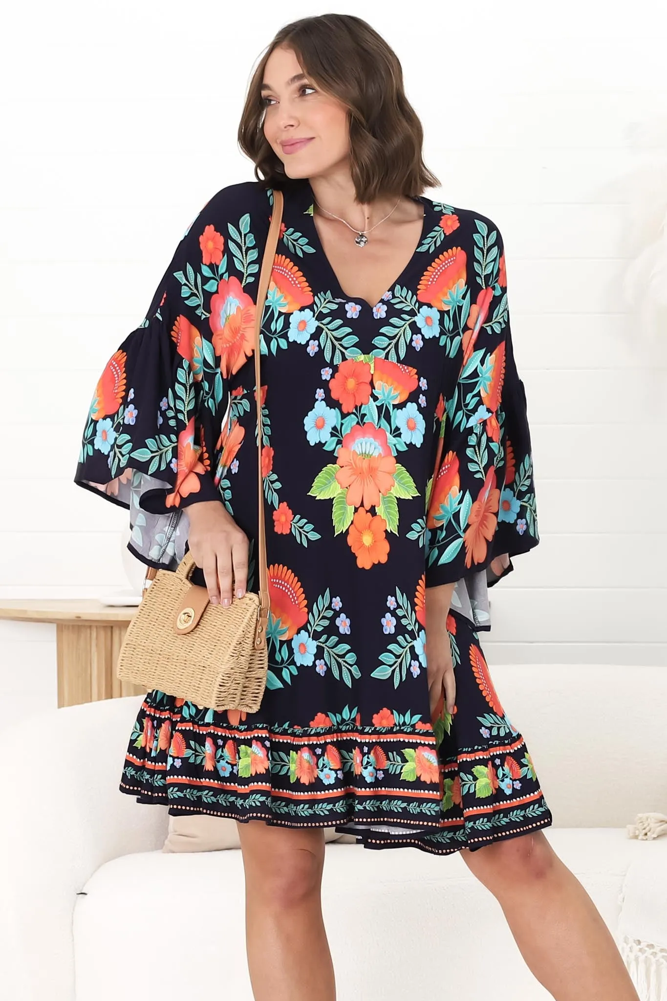 Tildy Mini Dress - V Neck Ruffled Smock Dress Octavia Print in Navy sold by Salty Crush product image thumbnail 5