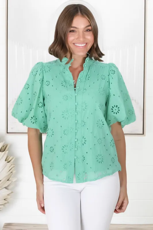 Fellina Blouse - Broiderie Anglaise Button Down Top with Short Billow Sleeves in Mint sold by Salty Crush