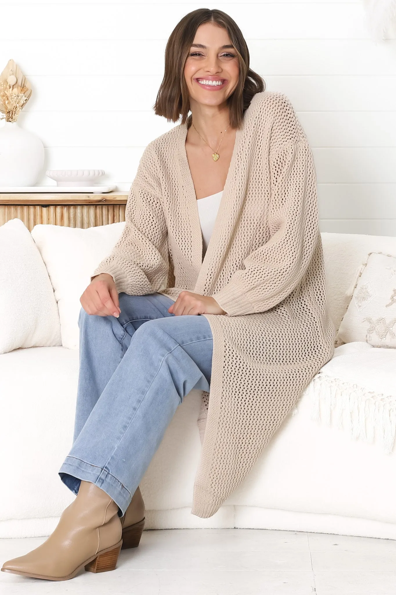 Melrose Cardigan - Longline Open Front Cardigan in Beige sold by Salty Crush product image thumbnail 2