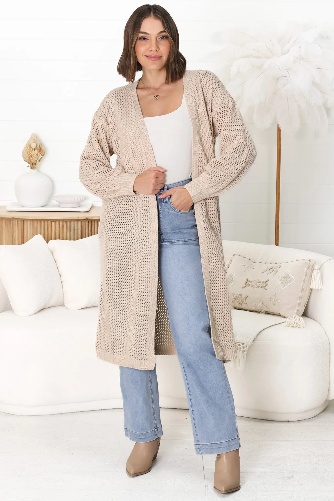 Melrose Cardigan - Longline Open Front Cardigan in Beige sold by Salty Crush product image thumbnail 3