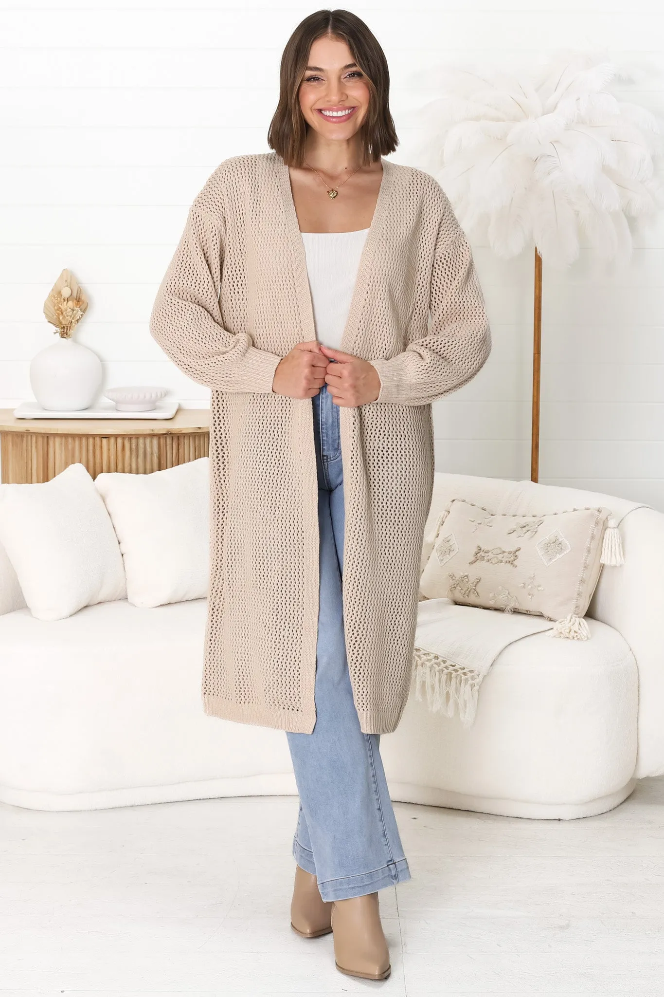Melrose Cardigan - Longline Open Front Cardigan in Beige sold by Salty Crush